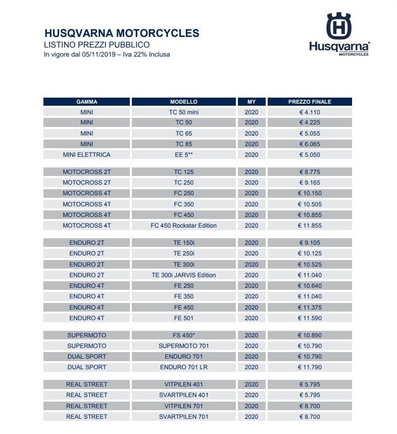 Listini ufficiali KTM e Husqvarna 2020