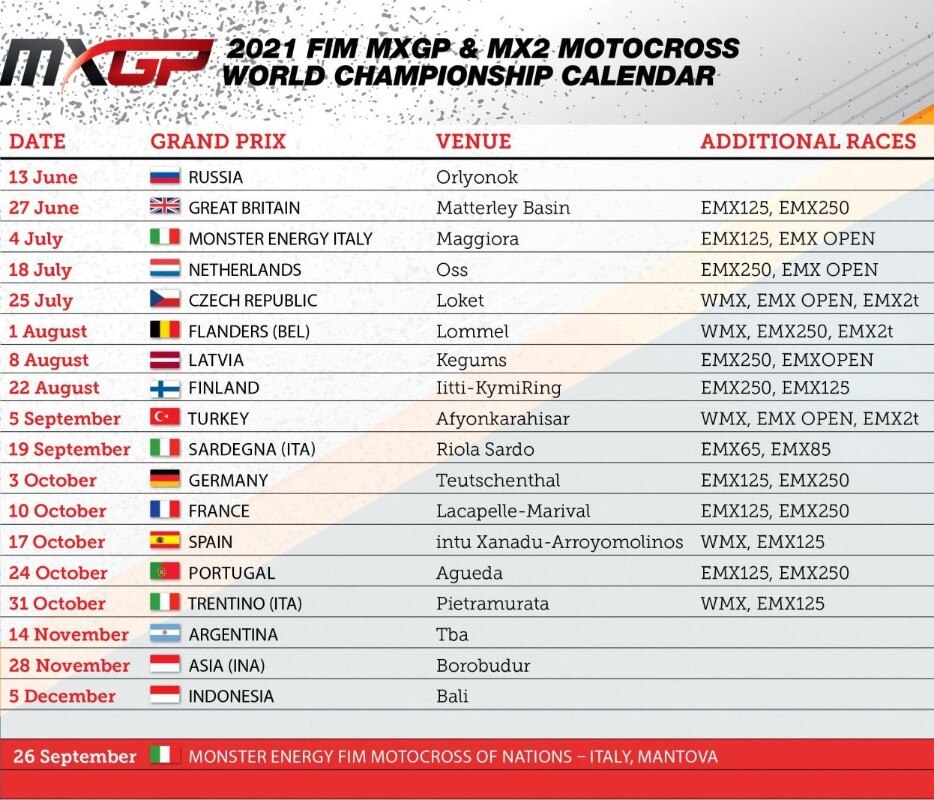 2021 MXGP Calendar update