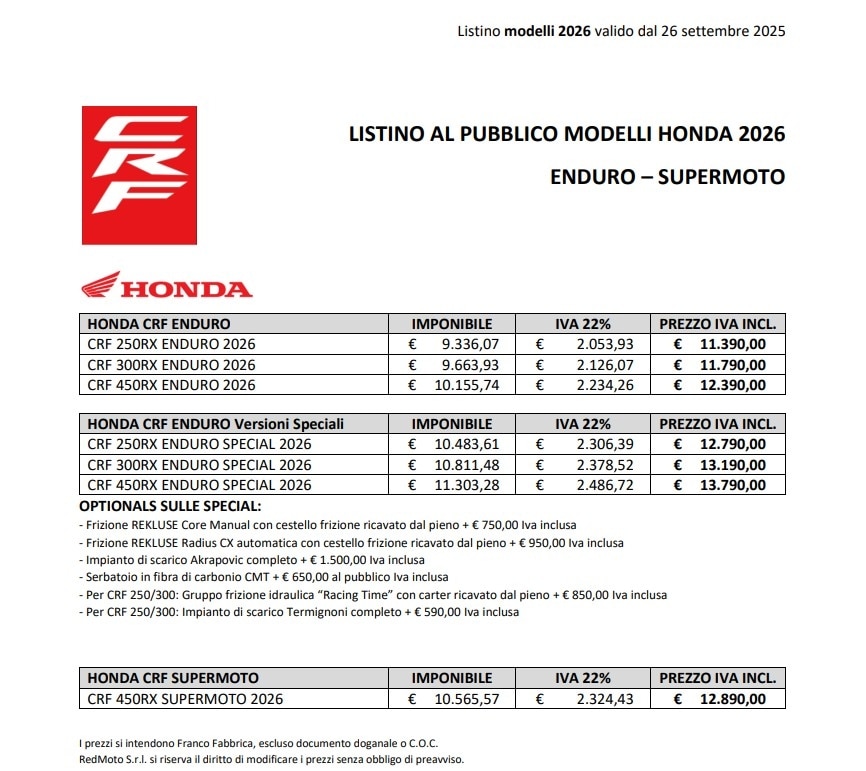 Arrivano le nuove CRF RX Enduro 2026